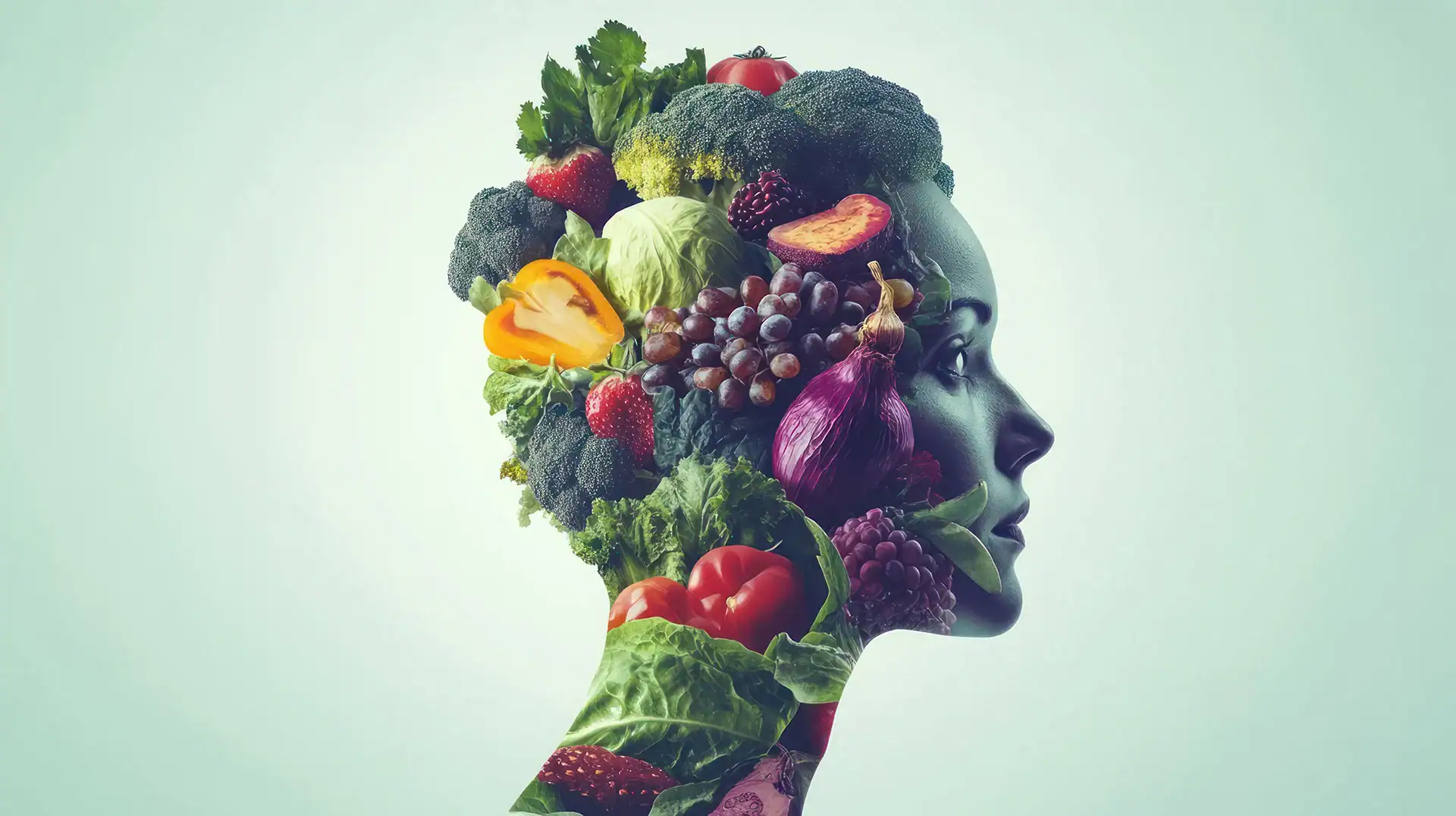 κεφάλι κοπέλας σχεδιασμένο με φρούτα και λαχανικά